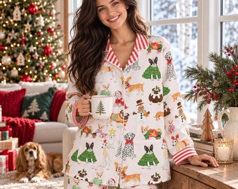 Christmas Dog Pajama Set for Women, Cute Holiday PJs, Festive Puppy Print Sleepwear, Dog Lover Christmas Gift, Pet Owner Xmas Pajama set