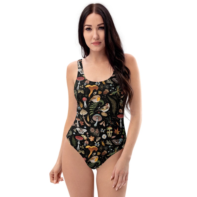 ENCHANTED FOREST One-piece Swimsuit with Birds Butterflies Mushrooms Fern Print, Botanical Swimming Suit, Mystical Woodland Swimsuit