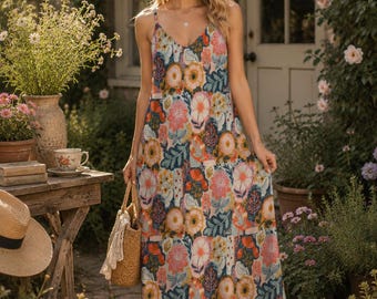 Boho Floral Sling Dress, Cottagecore Maxi Sundress, Whimsical Botanical Summer Dress, Romantic Ankle Length Dress, Ethnic Floral Print Dress
