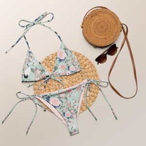 Oriental Crane Bird & Flowers Recycled String Bikini, Coquette Pink Bow Swimsuit, Cottagecore Floral Bathing Suit, Bohemian Swimsuit