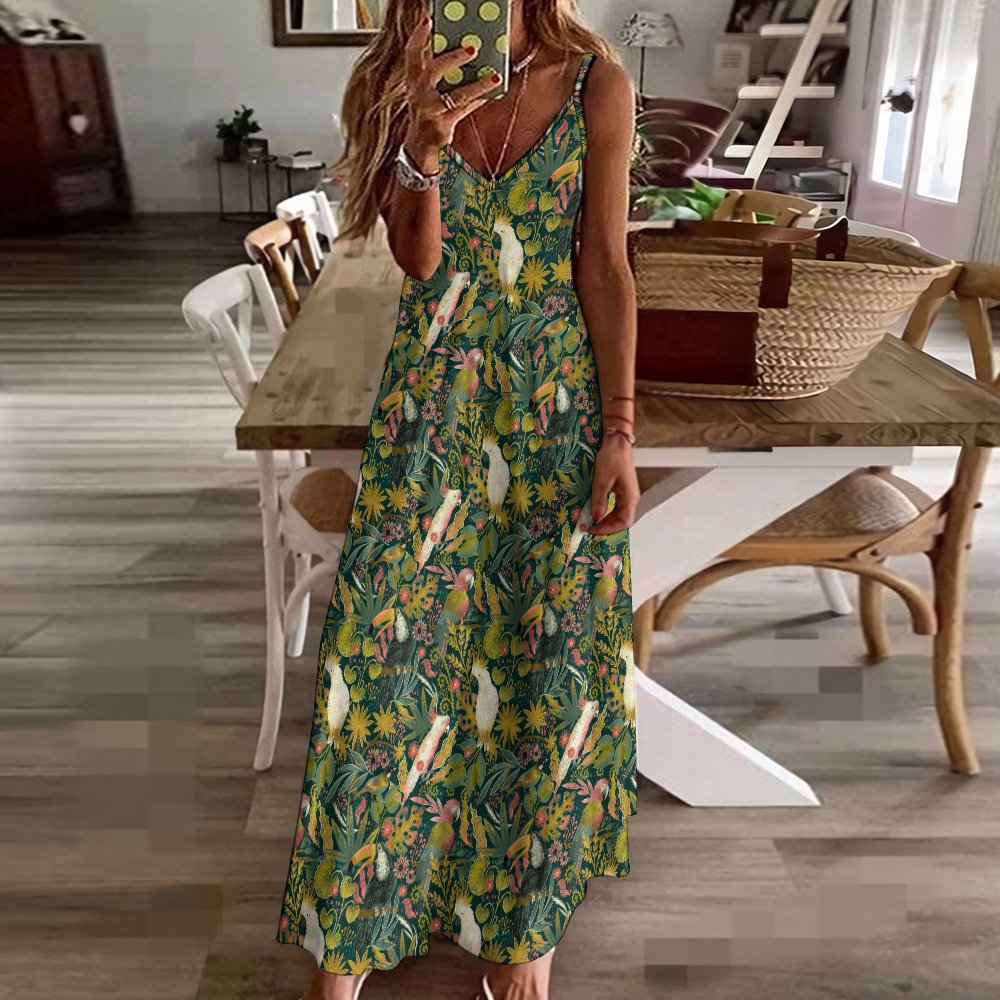 Parrots Summer Sling Dress, TROPICAL JUNGLE Maxi Sundress with Cockatoo Toucan Macaw Parrots print, Bohemian Tropics Ankle Length Sundress Parrots Summer Sling Dress, TROPICAL JUNGLE Maxi Sundress with Cockatoo Toucan Macaw Parrots print, Bohemian Tropics Ankle Length Sundress