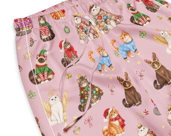 Christmas Cats Satin Pajama Pants, Pink Coquette Holiday Sleepwear, Festive Cute Kitty Lounge Pants, Cat Lover Gift for Her, Xmas pajamas