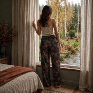 May include: A beige camisole top paired with loose-fitting trousers featuring a dark background and a vibrant red floral print. The trousers have a high-waisted elastic band design and a straight-leg cut that falls to the floor in a relaxed fit.