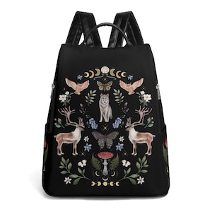 Mystical FOREST ANIMALs Anti-theft Vegan Leather Daypack, Perfect for Day Trips Backpack, Butterfly Moth Mushroom Reindeer Wolf Owl Backpack