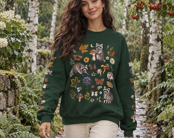 Raccoon Sweatshirt, Cottagecore Fall Sweater, Nature Crewneck, Mushroom Butterfly Sleeve Print, Autumn leaves Sweater, Forest Animal Shirt