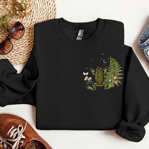MYSTICAL WOODLAND Sweatshirt with Owl design on the back Frog on the front and Butterflies on Sleeves, Cottagecore Sweater for Nature Lovers image 2