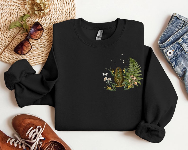 MYSTICAL WOODLAND Sweatshirt with Owl design on the back Frog on the front and Butterflies on Sleeves, Cottagecore Sweater for Nature Lovers image 2