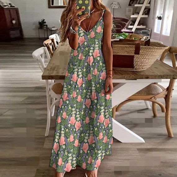Mlqidk Summer Dresses For Women 2025 Vacation Casual Floral Beach Dresses Pockets Plus Size Sleeveless Sundresses Loose Crew Neck Vacation Dresses Vestid