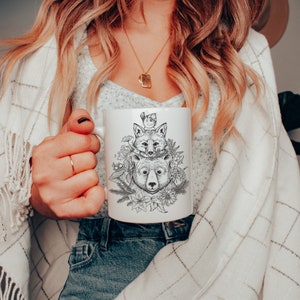 WOODLAND FRIENDS White Glossy Coffee Mug, Forest Animals Ceramic Mug with Bear Fox & Bird print, Personalized Tea Cup, Nature Lover Gift