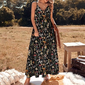 ENCHANTED FOREST Sling Dress with Birds Mushrooms Fern and Plants Print, Dark Cottagecore Botanical Dress, Magical Woodland Witchy Dress