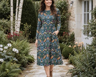 STRAWBERRY THIEF William MORRIS Long Sleeved All over Printed Midi Dress Bohemian Flowers Dress Whimsical Intricate Art Nouveau Floral Dress