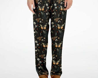 NIGHT FLOWERS 2 pcs Satin Pajama Set, Dark Cottagecore Long Sleeve Shirt & Pants Silky PJs, Witchy Sleepwear, Floral Butterflies Loungewear