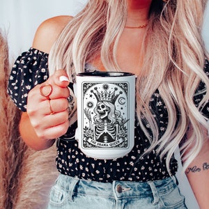 The DRAMA QUEEN Funny Tarot Card Ceramic Mug with Black handle, Sarcastic Sweary Skeleton Tea Cup, Personalized Coffee Mug, Witchy Mug