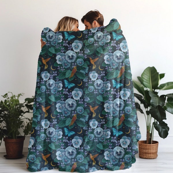 MYSTICAL MOONLIT GARDEN Velveteen Minky Blanket with Violet flowers Moth & Hummingbirds, Garden Moth Throw Blanket, Cottagecore Bedspread