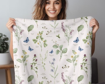 HERBARIUM Velveteen Minky Blanket, Cottagecore Floral Throw Blanket, Spring Flowers Bedspread, Botanical Snuggle Blanket, Soft Baby Blanket
