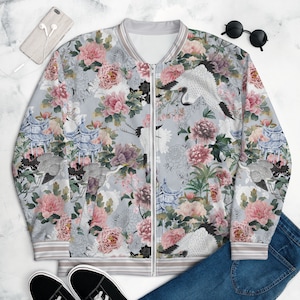 JAPANESE GARDEN Bomber Jacket with Exquisite Peony Blooms among Birds & Pagodas, Floral Crane Athletic Jacket, Cottagecore Aesthetic Jacket