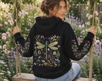 BLOEMEN LIBEL hoodie met rits, wilde bloemen op mouwen, cottagecore-jas, sweater geperste bloemen, cadeau natuurliefhebber, cadeau plant mama