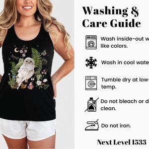May include: Black vest top with a detailed illustration of a white owl surrounded by plants, flowers, and crystals. The vest top has a scoop neck and is made of a soft material. The text "Washing & Care Guide" is displayed on the right.