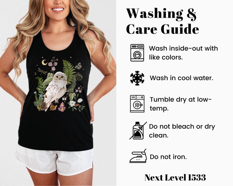 May include: Black vest top with a detailed illustration of a white owl surrounded by plants, flowers, and crystals. The vest top has a scoop neck and is made of a soft material. The text "Washing & Care Guide" is displayed on the right.