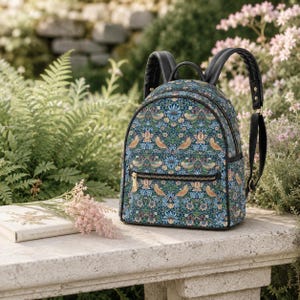 STRAWBERRY THIEF William Morris Mini Backpack, Cottagecore Backpack Purse, Bohemian Floral Bird Backpack, Art Nouveau Vegan Leather Bag