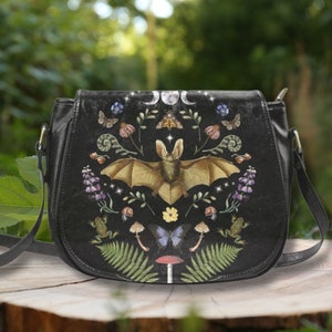 Witchcore Crossbody Saddle Bag with Bat Moon Phases Moth Frog Mushroom Butterfly Snails Fern & Wildflowers design, Whimsygoth PU Leather Bag