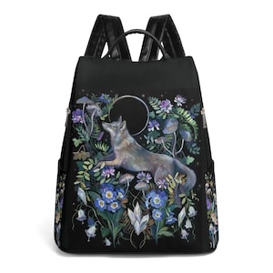 MYSTICAL WOLF Anti-theft Vegan Leather Daypack, Perfect for Day Trips Backpack, Floral Wolf & Moon Vegan Leather Backpack, Witchy Backpack