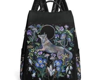 MYSTICAL WOLF anti-diefstal veganistische leren dagrugzak, perfect voor dagtochten Rugzak, Floral Wolf & Moon veganistische leren rugzak, Witchy-rugzak