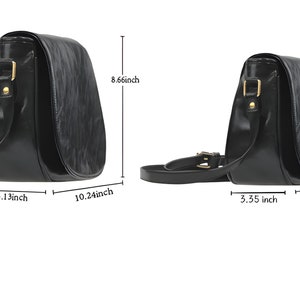 May include: Black leather shoulder bag with a gold buckle and a flap closure. The bag measures 8.66 inches tall, 10.24 inches wide, and 4.13 inches deep.