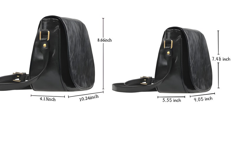 May include: Black leather shoulder bag with a gold buckle and a flap closure. The bag measures 8.66 inches tall, 10.24 inches wide, and 4.13 inches deep.