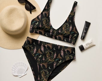 Death's Head HAWKMOTH & SNAPDRAGON FLOWERS Recycled high-waisted bikini, Mystical Boho Garden Swimsuit, Floral Butterfly Witchcore Bikini