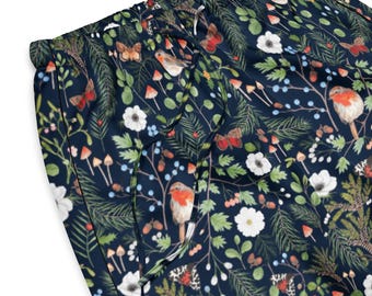 WINTER FOREST BIRDS Women’s Satin pajama pants, Cottagecore Botanical Loungewear Silky pants, Whimsical Woodland Nightwear Trousers