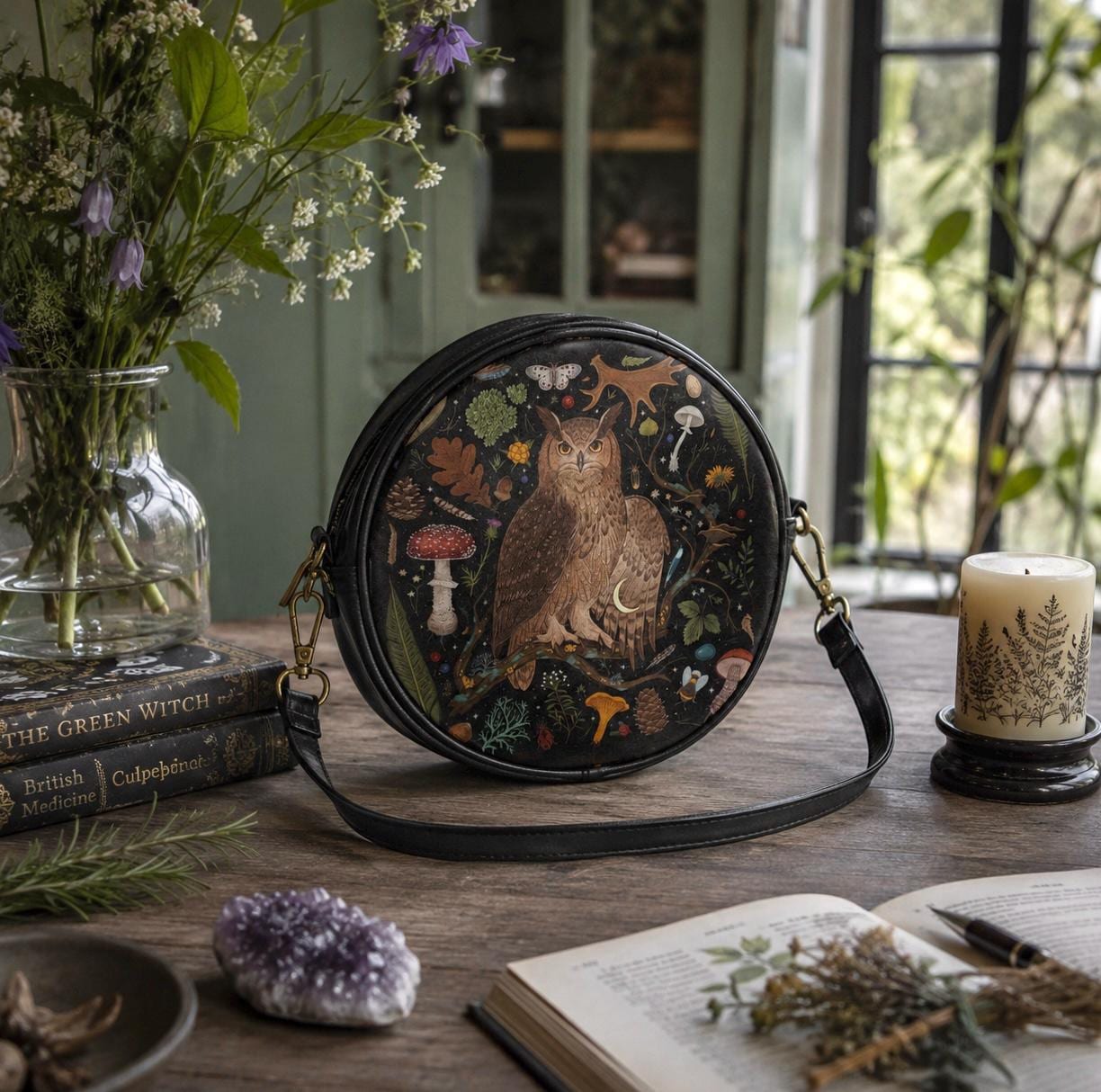 MYSTICAL OWL Round Crossbody Bag, Vegan Leather Purse, Forestcore Messenger Bag, Enchanted Forest Sh