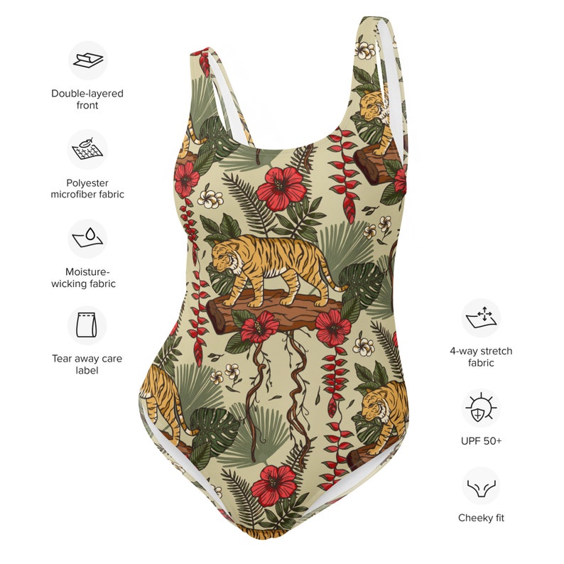 RETRO TIGER Tropical Swimsuit for Wild and Free Ladies, Safari Animal Swimming Suit, Tropical Jungle Wildlife Bathing Suit