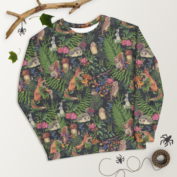 WHIMSICAL WOODLAND COTTAGECORE Sweater, Forest Animals Fox Owl Hedgehog Rabbit Squirrel Sweatshirt, Wildlife Shirt for Nature Lover Gift
