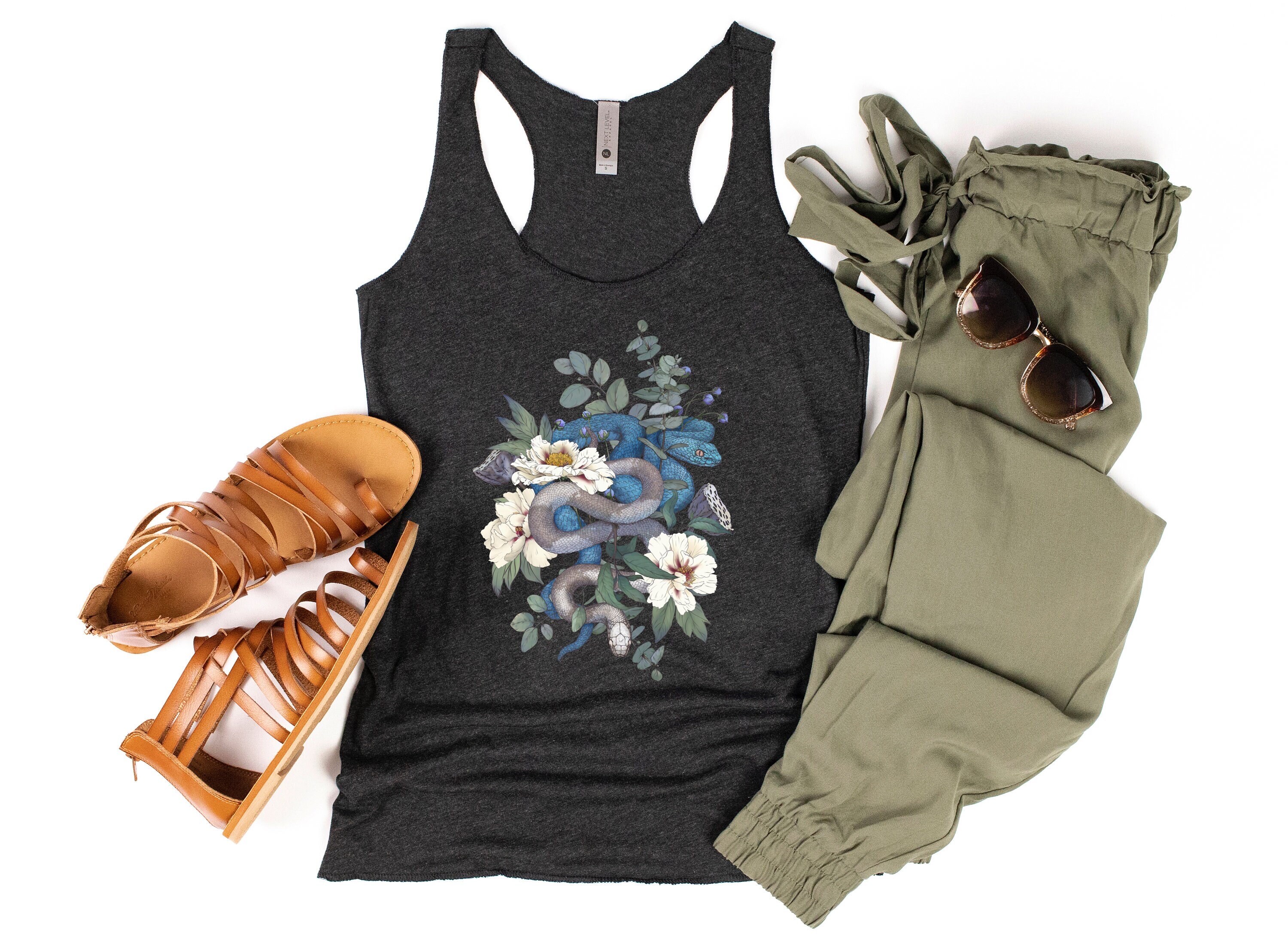 FLORAL SNAKE Racerback Tank Top, Nature inspired Cottagecore Tank Top with Snakes and Peonies, Vintage Serpent Gothic Tee, Botanical Shirt