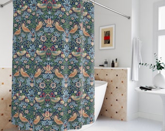 STRAWBERRY THIEF by William MORRIS Fabric Shower Curtains, Cottagecore Shower Curtains, Blue Bathroom Curtains, Bohemian Bath Curtains