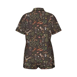 FAIRY FOREST Women’s 2 piece pajama set with Animals Owl Moon Moth Mushrooms & Wildflowers, Mystical Woodland Nightwear, Fall themed pj imagen 5