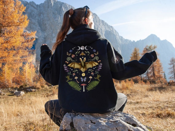 DARK COTTAGECORE Zip Up Hoodie with Vintage Bat Moon Phases Moth Frog Mushroom Butterfly Snails Fern & Wildflowers, Mystical Woodland Hoodie