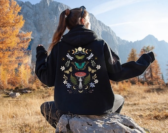 Mystical Celestial Butterfly & Moth Full Zip Up Hoodie for Witchy Woman Gift, Floral Butterfly Mushroom Botanical Fairy Grunge Sweatshirt
