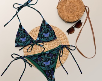 MAGICAL Blue MOTH & THISTLE Flower Recycled string bikini, Mystical Swimsuit, Floral Butterfly Bikini Set, Witchy Swimming Suit, Cottagecore