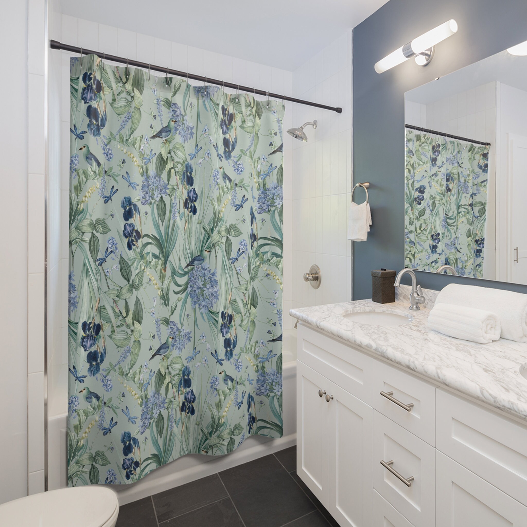 Fun Frog & Lemon Shower Curtain – Whimsical Botanical Print With Birds, Citrus Trees | Cottagecore Coastal Bathroom Decor - View #9