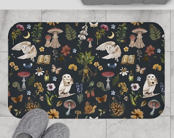 HERBOLOGY Memory foam bath mat with Snowy Owl Mandrake Mushrooms Snail Spellbound Plants Dry Flowers & Fern, Wizard themed Bathroom Decor
