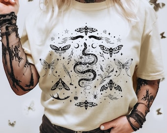 MYSTICAL SERPENTINE T-shirt, Floral Snake & Moth Shirt, Witchy Shirt, Whimsigoth Clothing, Celestial Serpent Tee, Gothic tee, Witchy shirt