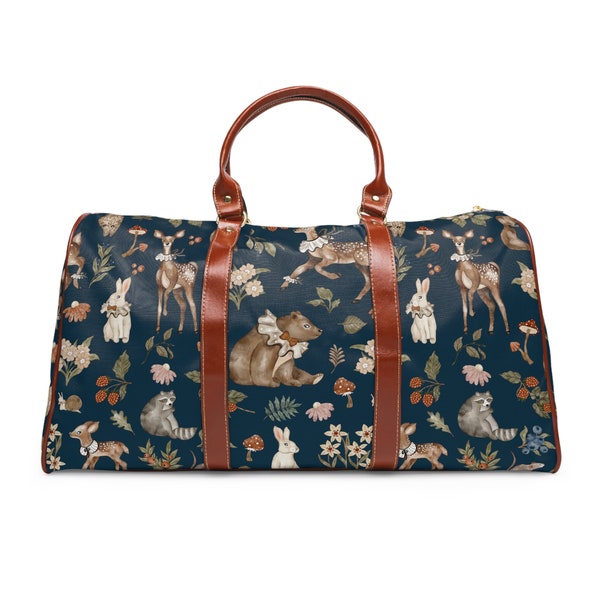 WOODLAND ANIMALS Waterproof Travel Bag, Cottagecore Duffle bag, Large Shoulder Bag, Weekend Travel Bag, Overnight Bag, Unique Suitcase