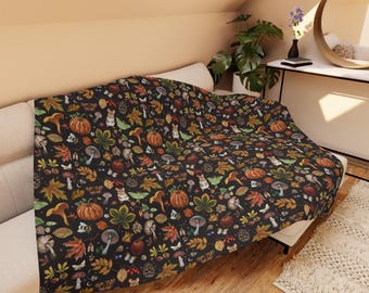 Manta Sherpa COTTAGECORE FALL con estampado de hojas de otoño, calabazas, setas, mariposas y ratones, decoración para el hogar inspirada en el otoño, regalo