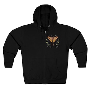 GARDEN MOTH Full Zip Hoodie with Moon Phases & Flowers, Floral Butterflies Hooded Sweatshirt, Green Luna Moth Hoodie, Mystical Moth Jacket image 7