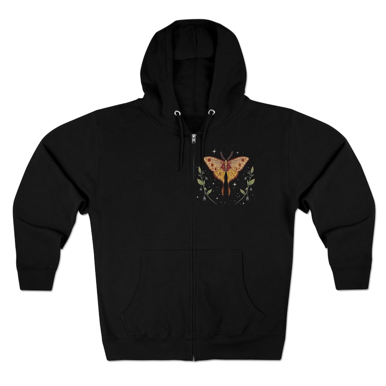 GARDEN MOTH Full Zip Hoodie with Moon Phases & Flowers, Floral Butterflies Hooded Sweatshirt, Green Luna Moth Hoodie, Mystical Moth Jacket image 7