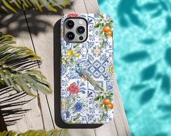 Capa resistente para celular La DOLCE VITA, capa com estampa de azulejos mediterrâneos, cítricos e flores, capa com mosaico de cerâmica azul italiana, capa de verão