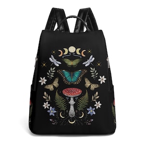 Mystical Celestial Butterfly & Moth Anti-theft Daypack, Perfect for Day Trips Backpack Floral Butterfly Mushroom Botanical Vegan Leather Bag