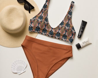 Bikini ispirato a BOHO, bikini riciclato a vita alta, costume da bagno colorato, costume da bagno con motivi etnici, abbigliamento sostenibile